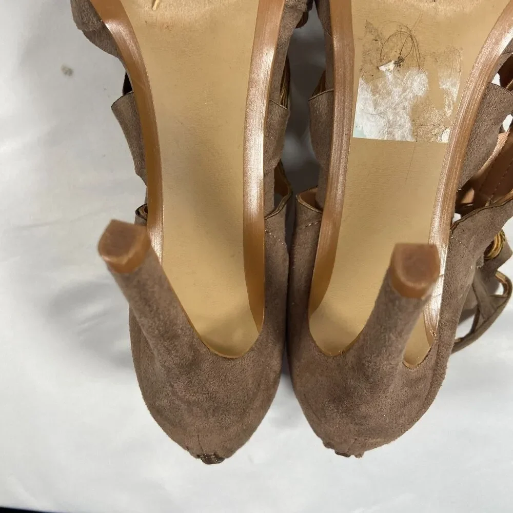 Yoki Womens Brown Suede Cage Cutout Peep Toe Sandal Bootie Heels